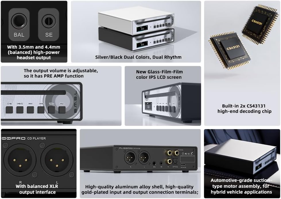 SMSL PL100PRO CD-Player,Cinch-/optischer-/koaxialer-/symmetrischer XLR-Anschluss sowie 3,5/4,4-mm-Ko