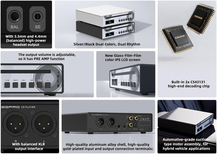 SMSL PL100PRO CD-Player,Cinch-/optischer-/koaxialer-/symmetrischer XLR-Anschluss sowie 3,5/4,4-mm-Ko