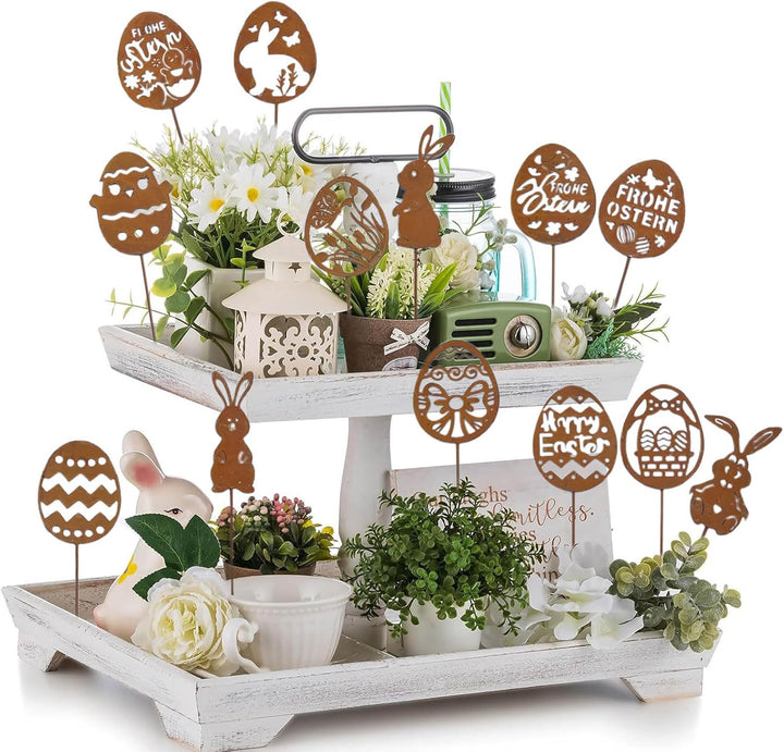 15PCS Osterhasen Gartenstecker,Frühlingsdeko Osterhase Rost Deko,Gartenstecker Ostereier,Osterhasen