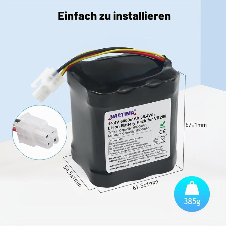 NASTIMA 14,4V 6000mAh Li-Ion Akku Kompatibel mit Vorwerk Kobold VR200, Art.-Nr. 20884-1, 4NCR18650P2