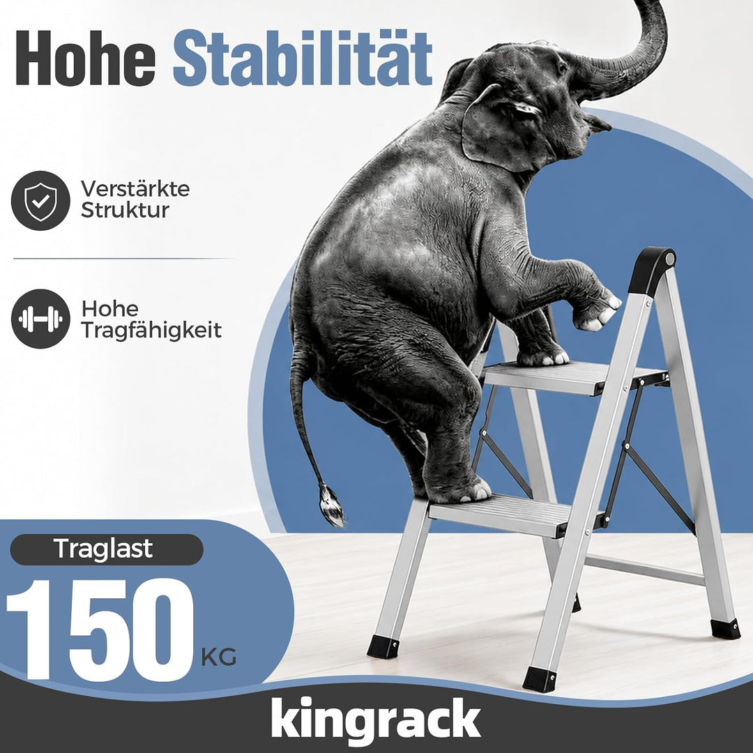 KINGRACK Trittleiter 2 Stufen Klappbar, Tritthocker aus Aluminium &amp; Stahl | Klapptritt mit Breite ru