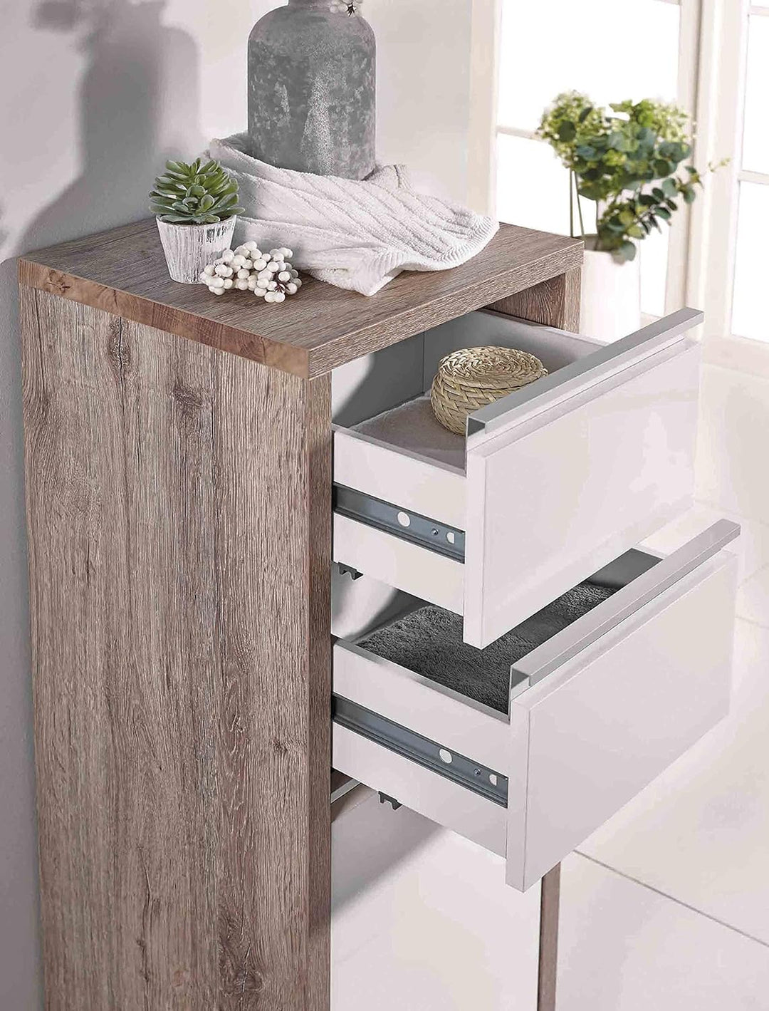 Schildmeyer Bello Midischrank 138176, wildeiche Dekor/weiss glanz, 34,5 / 33 / 97 cm Wildeiche Dekor