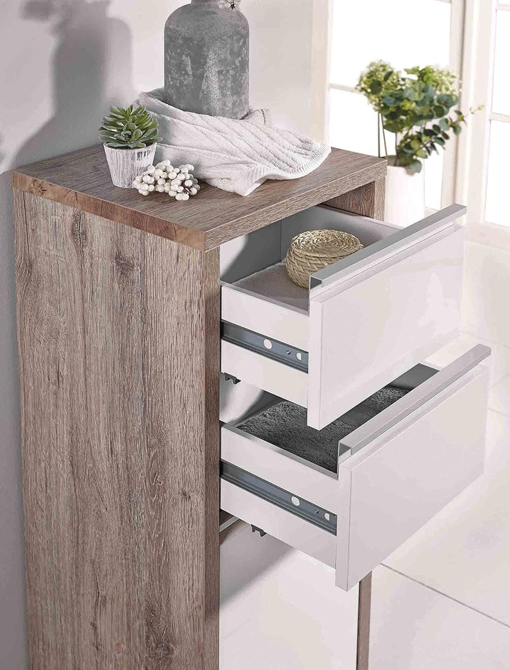 Schildmeyer Bello Midischrank 138176, wildeiche Dekor/weiss glanz, 34,5 / 33 / 97 cm Wildeiche Dekor