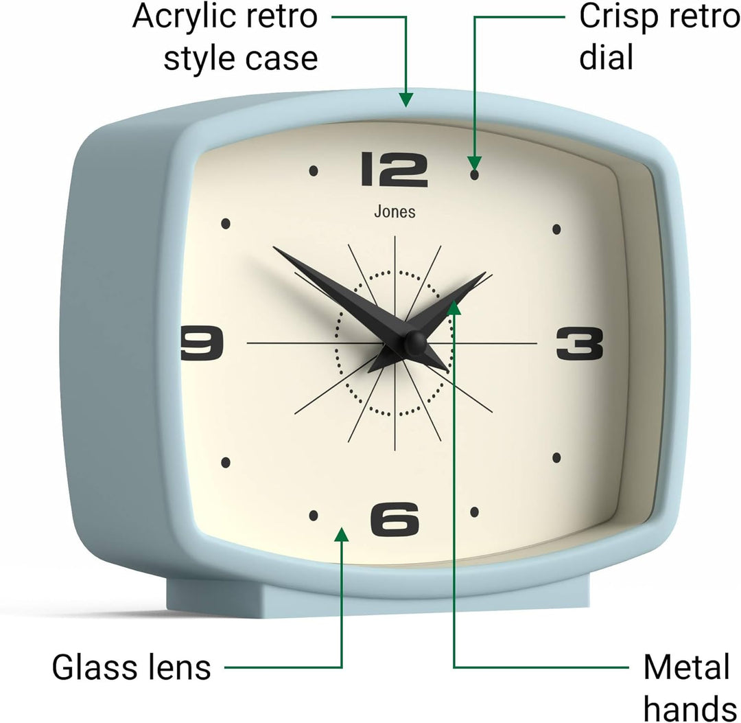 JONES CLOCKS® Schreibtischuhr 'Film' – rechteckiges Retro-Design in Blau, Cooler Look für Regal, Tis
