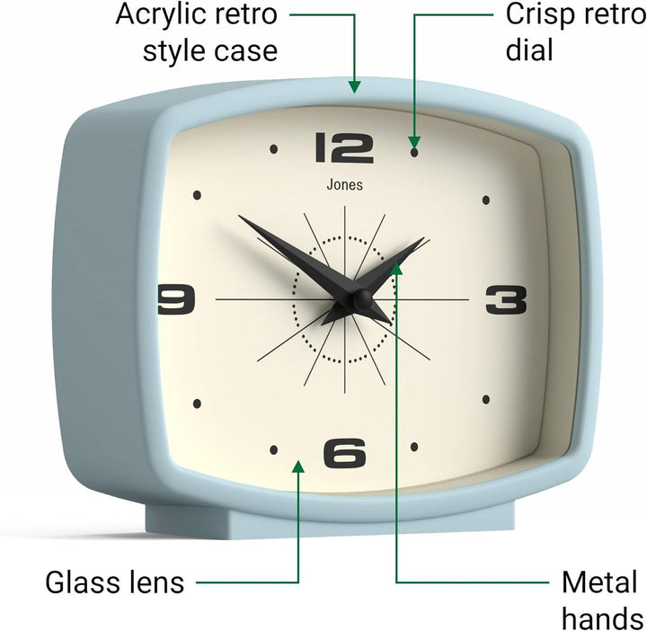 JONES CLOCKS® Schreibtischuhr 'Film' – rechteckiges Retro-Design in Blau, Cooler Look für Regal, Tis