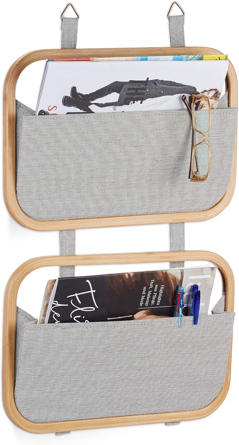 Relaxdays Hängeorganizer Bambus, Organizer mit 2 Aufbewahrungstaschen, für Tür & Wand, HBT: 60 x 40