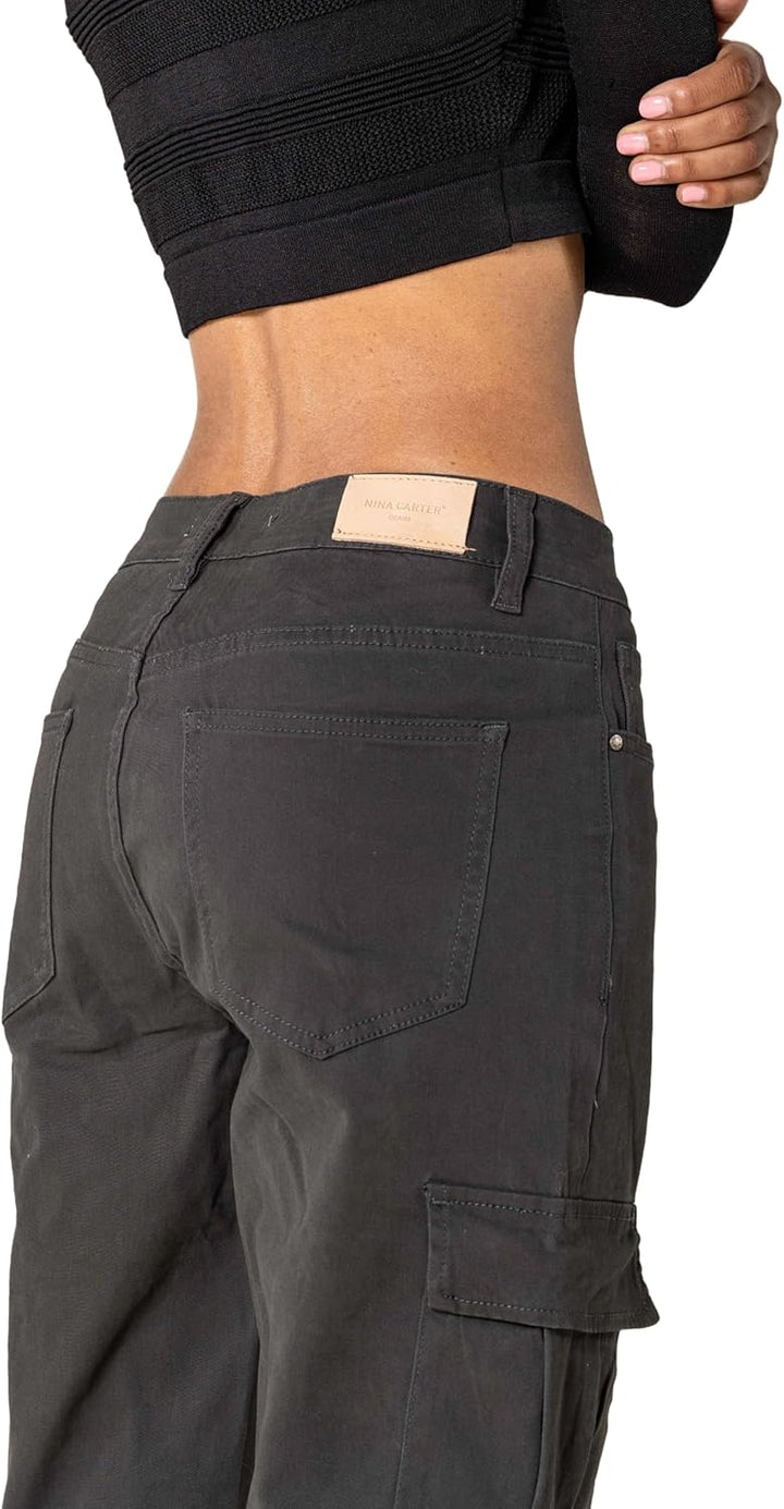 Nina Carter Q1885 Damen Cargo Jeans High Waist Cargohose Stretch Straight Leg Hose XS Dunkelgrau (Q1