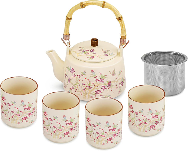 fanquare Teeservice mit Blumenmuster Gelb glasierte Porzellan Teekanne mit Sieb Japanische Teekanne