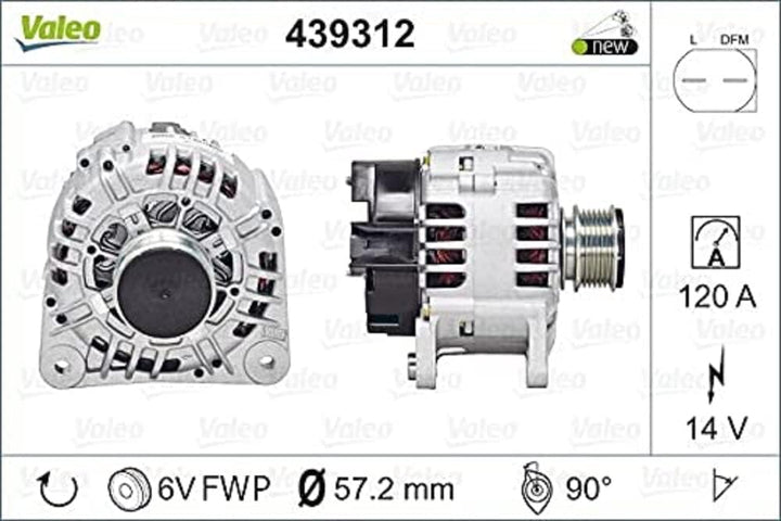 VALEO 439312 Generator Ladestrom des Generators: 120 Amp Rippen: 6 rippen Riemenscheibe Ø: 57,2 mm S