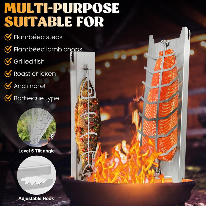 2er-Set Flammlachsbrett Edelstahl – 59×16 & 52×11,5 cm – verstellbare BBQ Halterung für Fisch & Flei