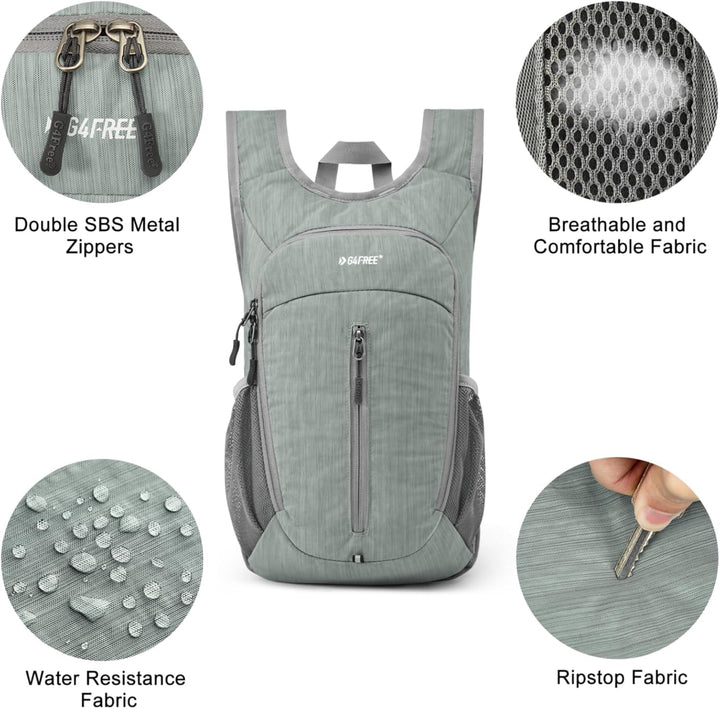 G4Free Wanderrucksack, 10 l, klein, für Reisen, Wandern, Tagesrucksack, leicht, verstaubar Grau 10L,