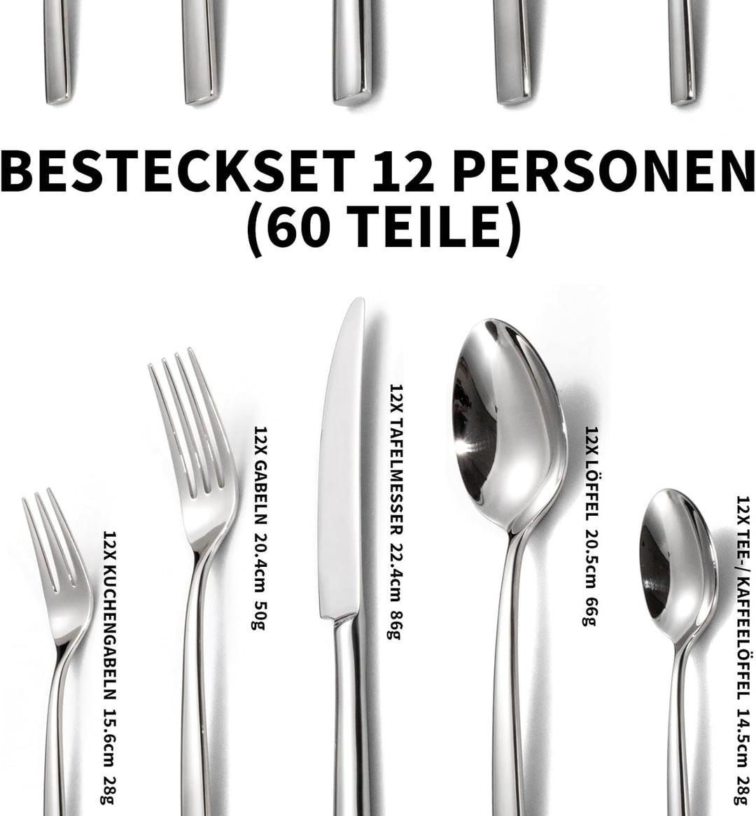 Alata Konrad 18/10 Edelstahl Poliert Besteck Set 12 Personen, Essbesteck 60 teilig, Monobloc-Messer,