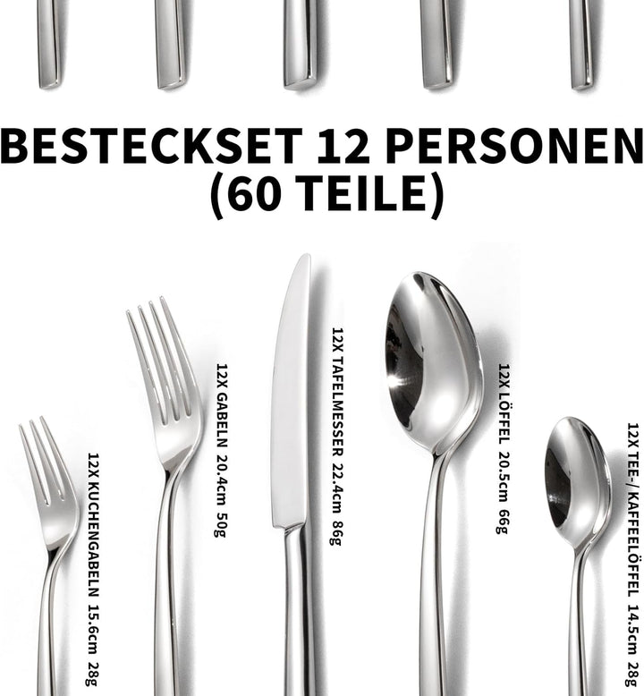 Alata Konrad 18/10 Edelstahl Poliert Besteck Set 12 Personen, Essbesteck 60 teilig, Monobloc-Messer,
