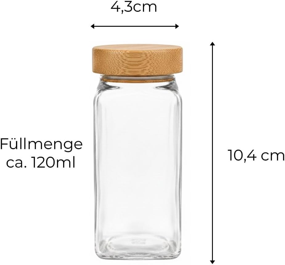 24x Gewürzgläser mit Bambusdeckel inkl. 240x Etiketten, 30x Streueinsätze, 1x Edelstahl Trichter, 1x