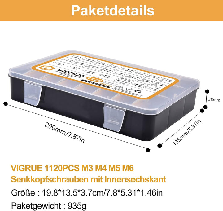 VIGRUE 1120PCS M3 M4 M5 M6 Senkkopfschrauben mit Innensechskant Hex flach-Knopf Schraube Set A2-70Ed