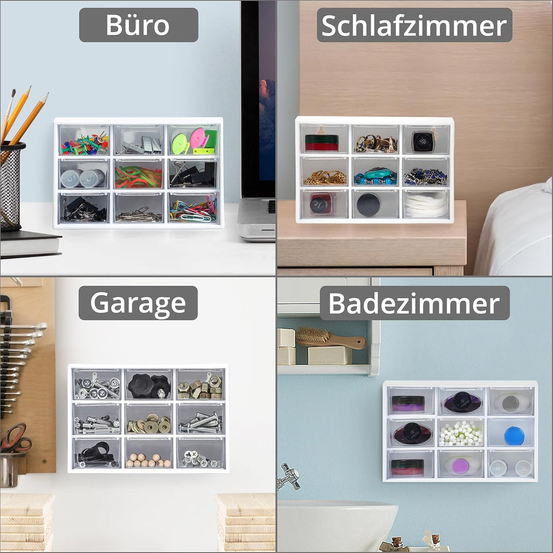 Winter Shore Bastelbox Aufbewahrung mit 9 Schubladen [2er-Pack] - Durchsichtige & Weisse Schubladenb