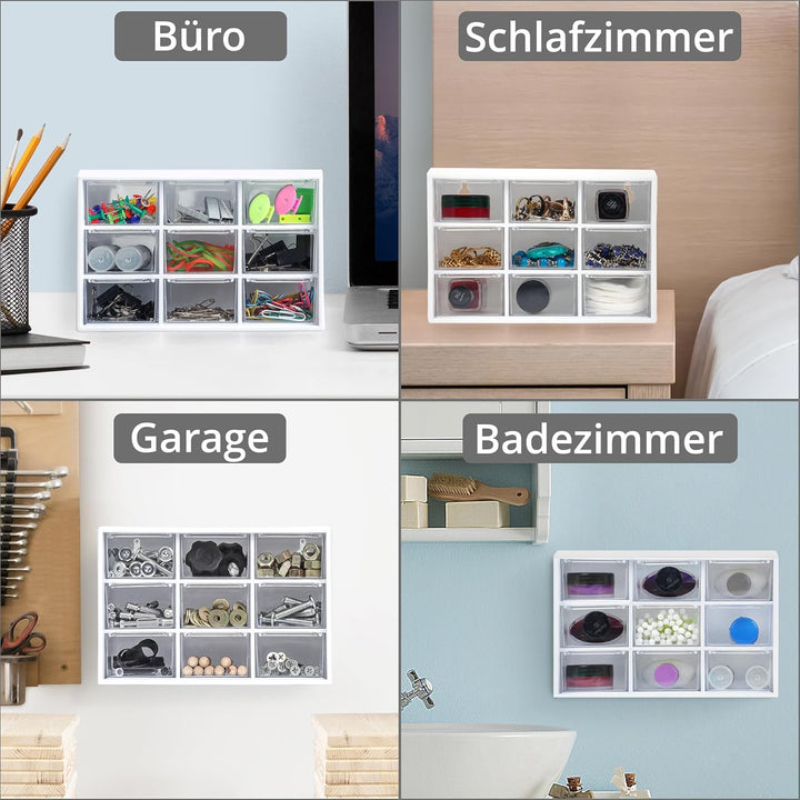Winter Shore Bastelbox Aufbewahrung mit 9 Schubladen [2er-Pack] - Durchsichtige & Weisse Schubladenb