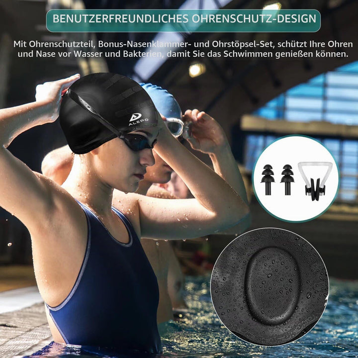 Alepo Badekappe mit 3D-Ohrenschutz, langlebig, flexibel, Silikon, für Damen, Herren, Kinder, Erwachs