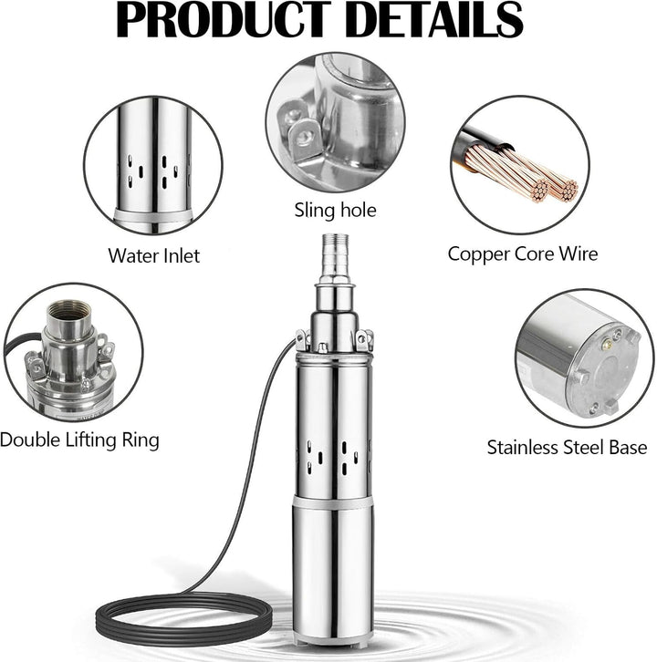 Tiefbrunnenpumpe, Brunnenpumpe,180W/12V/1.2m³/h Edelstahl Wasser Tauchpumpe Wasserpumpe Solarbetrieb