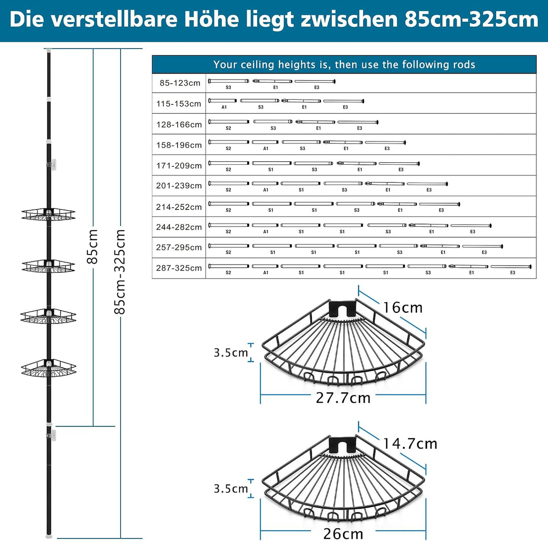 Duschablage ohne Bohren Edelstahl Teleskop Duschregal Duschgel Halterung Eckregal Bad mit 4 Körben,