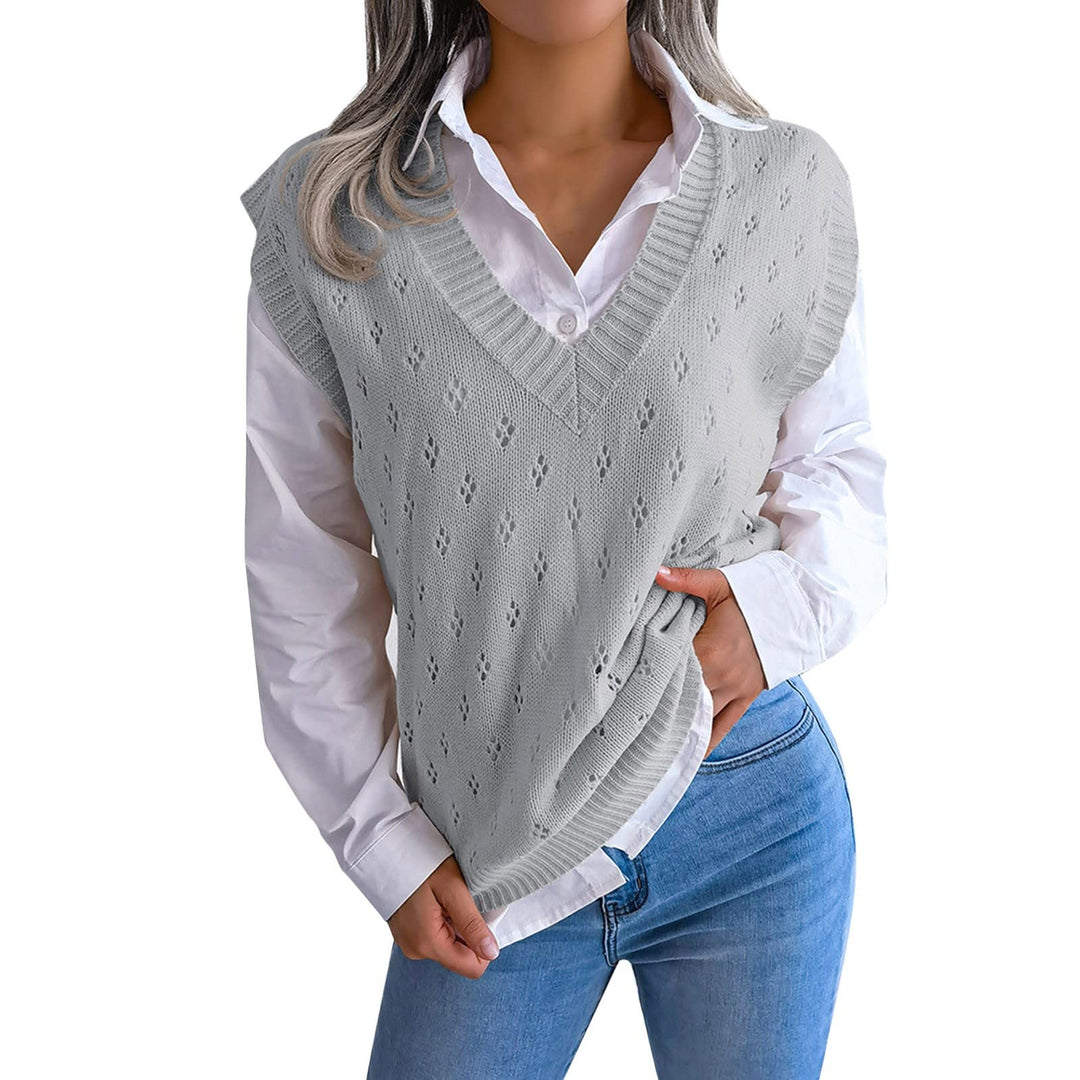 Ärmellose Strickweste für Damen, V-Ausschnitt, College-Pullover, Übergrösse Grau M, Grau M