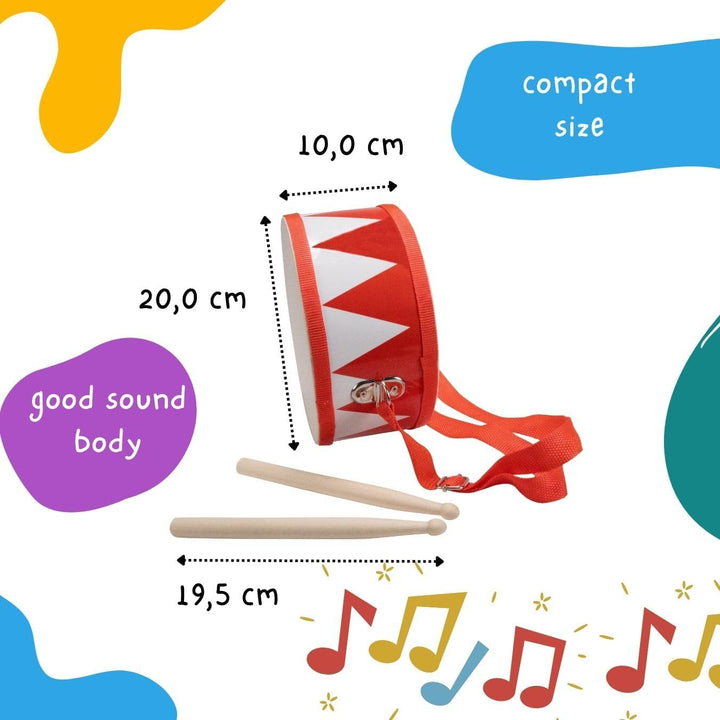 Trommel für Kinder rot-Weiss Musikinstrument aus Holz mit Trageriemen und Sticks D: 20 cm- 3845r