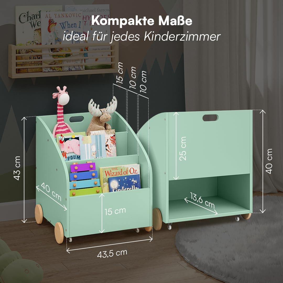 Bellabino Towy Kinderregal – Kinder Bücherregal mit 3 Fächern – Montessori Regal Mintgrün - Aufbewah