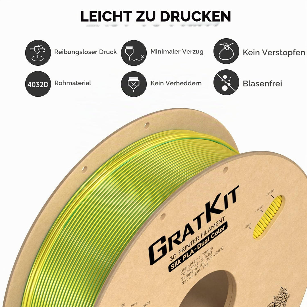 GratKit Silk Zweifarbig PLA Filament 1.75mm, -0.03mm, Coextrusion PLA Filament, 3D Drucker Filament,