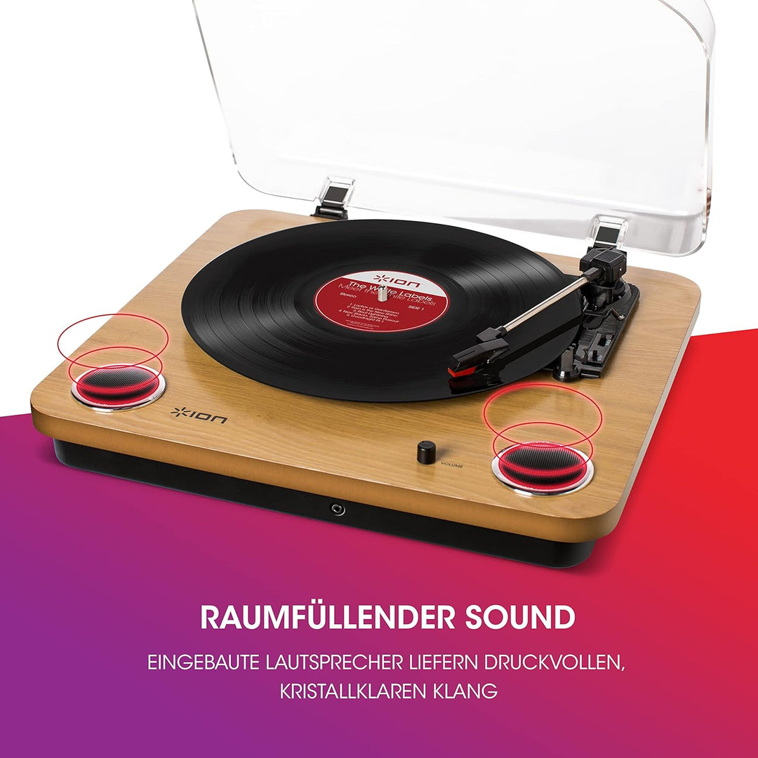 ION Audio Max LP - Vinyl Plattenspieler Bluetooth mit eingebauten Lautsprechern und USB, holzfarben