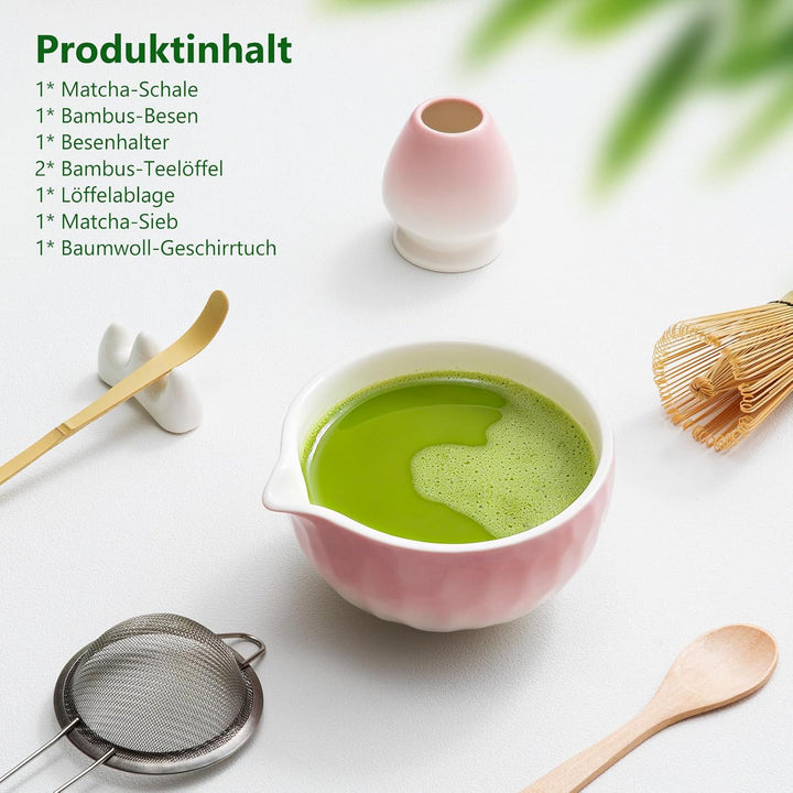 8 Stück Matcha Set Rose mit Besenhalter | Edelstahl-Sieb für klumpenfreien Matcha | Inkl Bambus bese