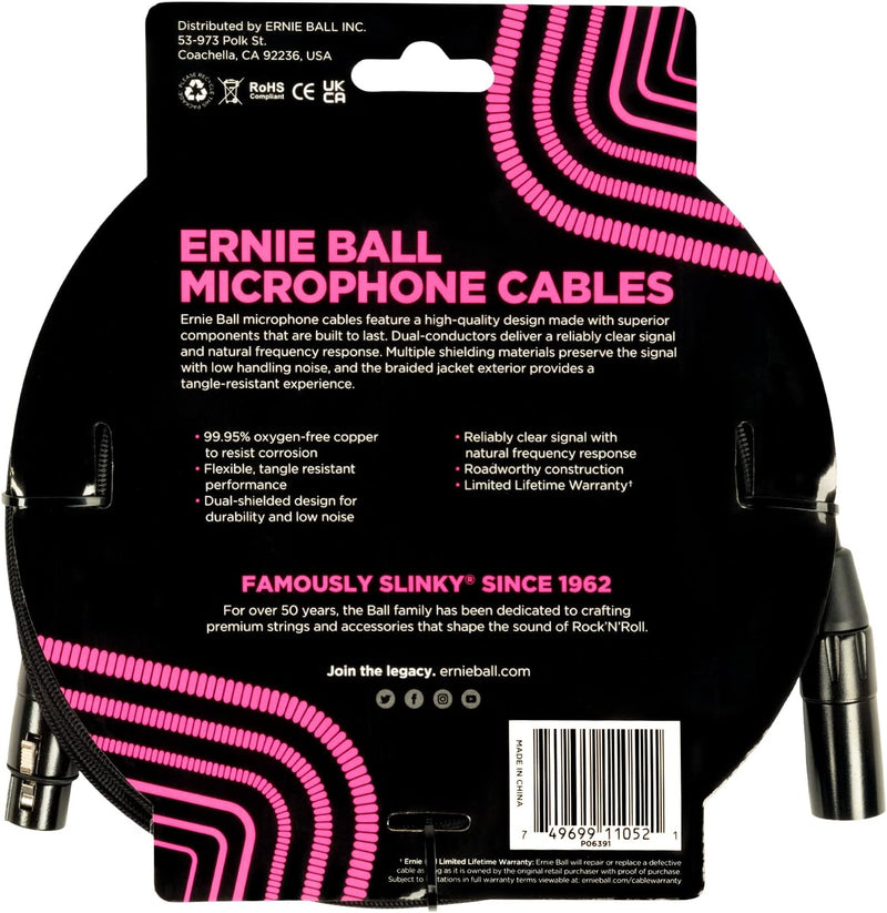 Ernie Ball Geflochtenes XLR-Mikrofonkabel männlich/weiblich 4,57 m (15 ft) - Schwarz Braided Black 4