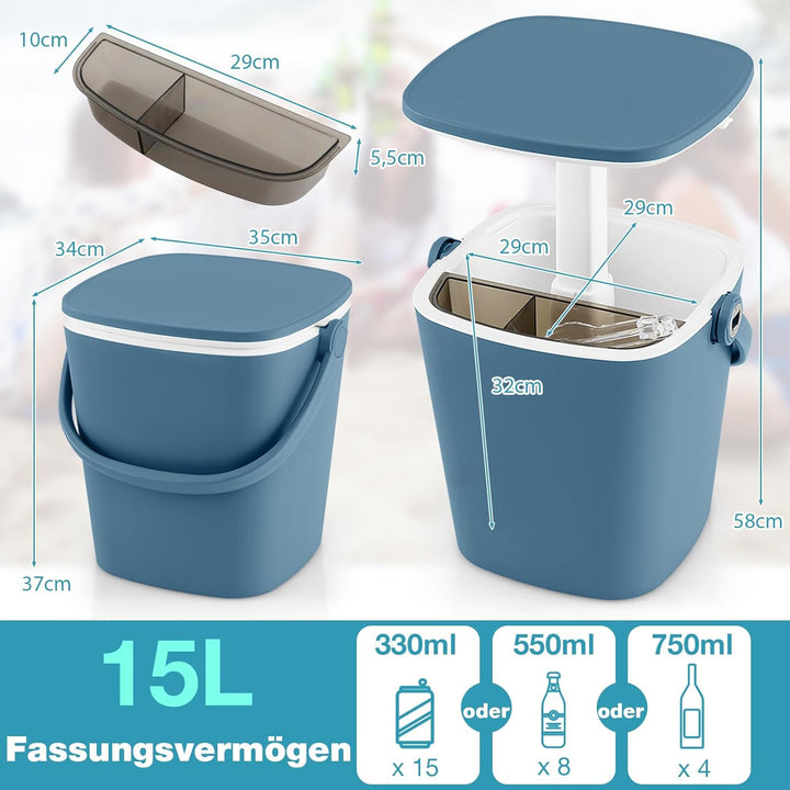 GYMAX Cool Bar mit Griff, tragbarer 15 L Bier- & Weinkühler mit Eiszange & Flaschenöffner, 3-in-1 Be