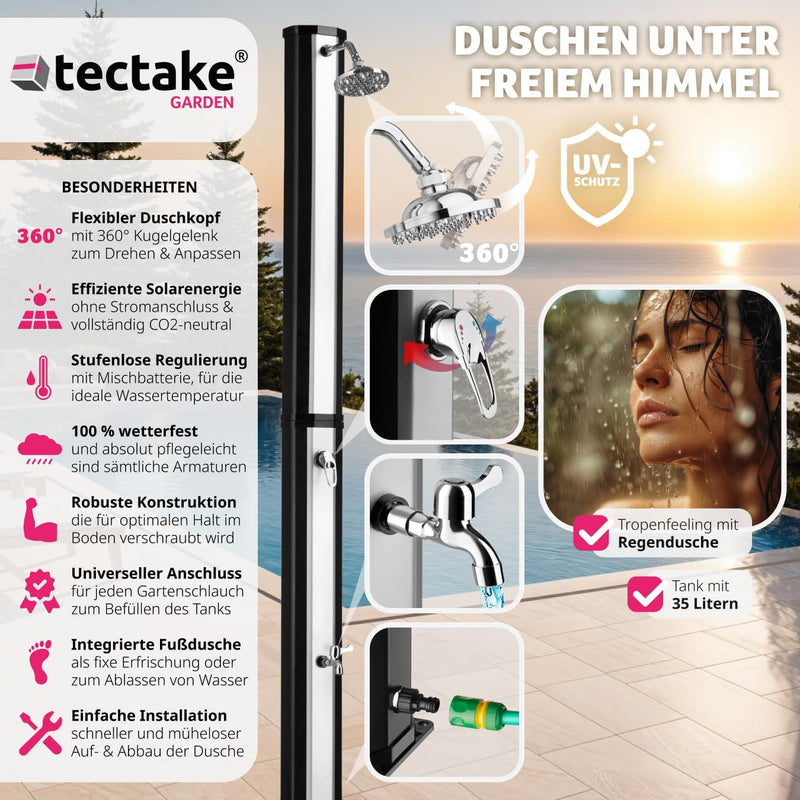 tectake® Solardusche 35 Liter, Gartendusche Regenduschkopf und Wasserhahn, warmes Wasser für Garten,