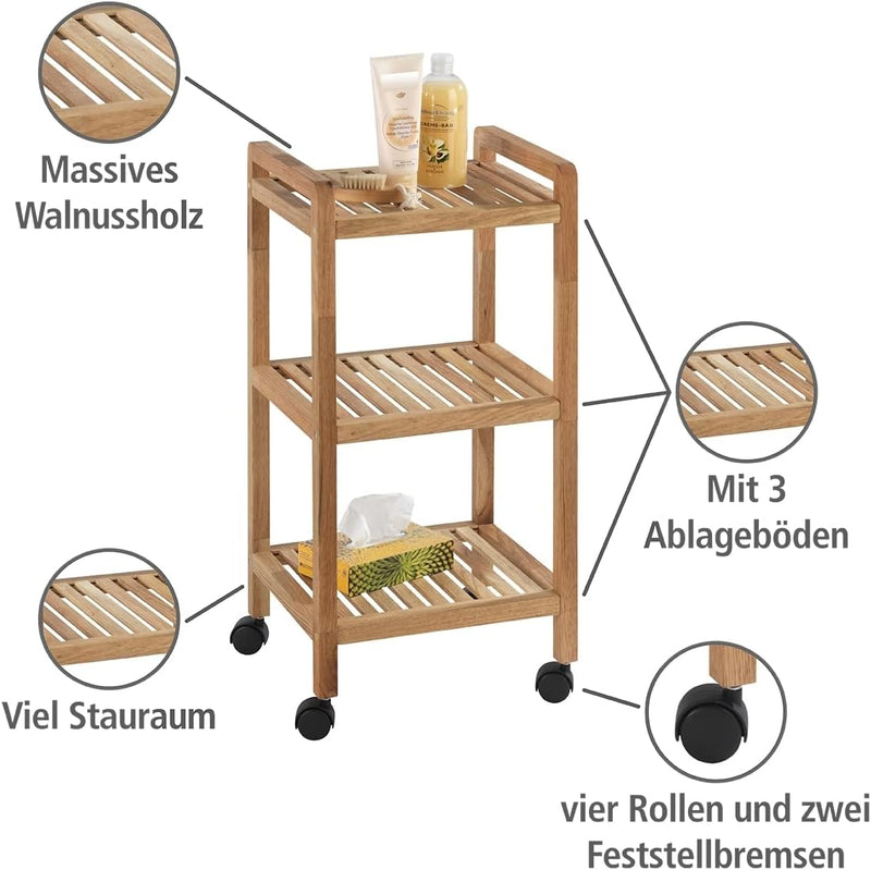 WENKO Rollregal Norway mit 3 Böden, Badezimmer-Schrank mit 3 Ablagen und 4 Rollen, Badschrank aus Wa