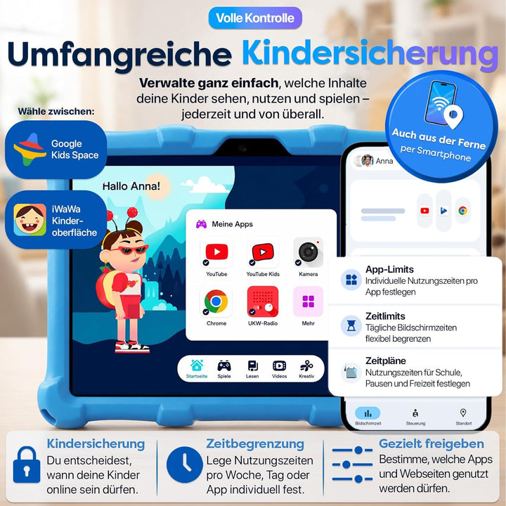 AngelTech Kindertablet XL - 10 Zoll HD - 3 + 4 GB RAM - 32 + 64 GB ROM (Blau) blu, blu