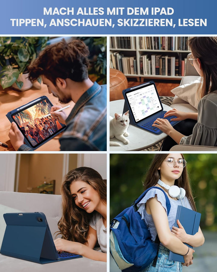 typecase Hülle mit Tastatur für iPad A16 11/10 Generation((2025/2022, 11/10.9 Zoll),7-farbige Beleuc