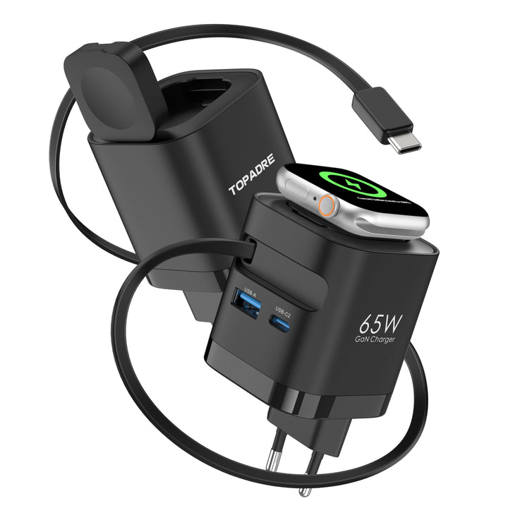 Einziehbares 65W USB C ladegerät mit Kabeln für Apple Watch, 4-Port GaN USB C Ladegerät Netzteil mit
