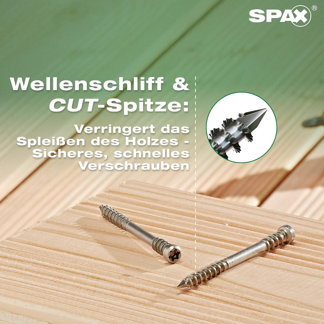 SPAX Terrassenschraube, 5 x 50 mm, 180 Stück, Fixiergewinde, Zylinderkopf, T-STAR plus T25, CUT, Ede