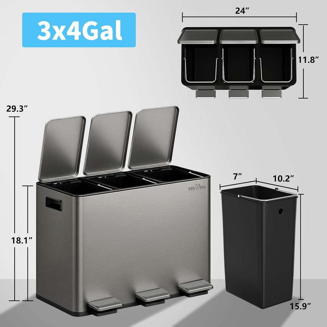 mVm Mülleimer Küche,45 Liter Treteimer,3 x 15 Liter Treteimer, 3 Fächer, Mülltrennsystem, Abfalleime