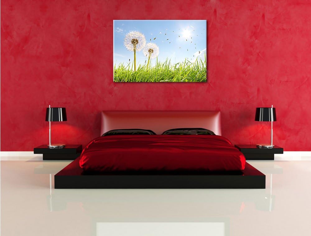 Pusteblumen auf sonniger Frühlingswiese Format: 100x70 auf Leinwand, XXL riesige Bilder fertig gerah