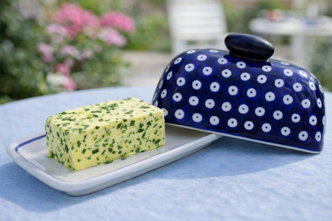 Unbekannt Bunzlauer Keramik Butterdose für 100-125g Kräuterbutter, 19,1x11.1x 8,6 cm, Dekor 42