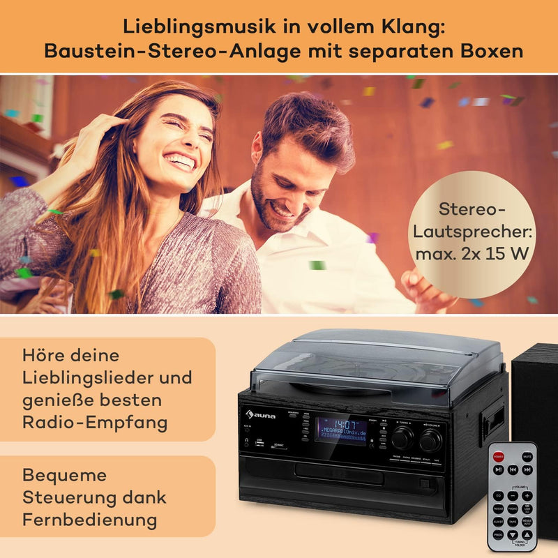 Auna Plattenspieler für Schallplatten, Plattenspieler mit Lautsprecher, CD-Player, USB & DAB Radio,