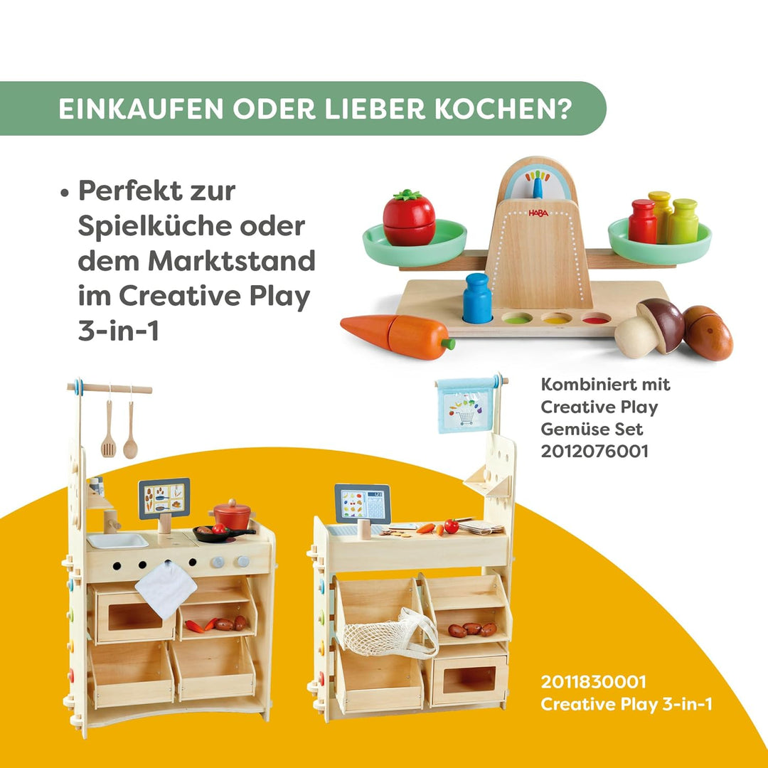 HABA Creative Play Waage aus Holz – Kaufladen &amp; Kinderküche Zubehör ab 2 | Kinder Küchenwaage mit 4