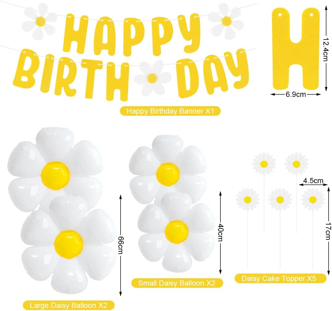 Gänseblümchen Geburtstag Luftballons Set, XXL Gänseblümchen Folienballons mit Happy Birthday Girland