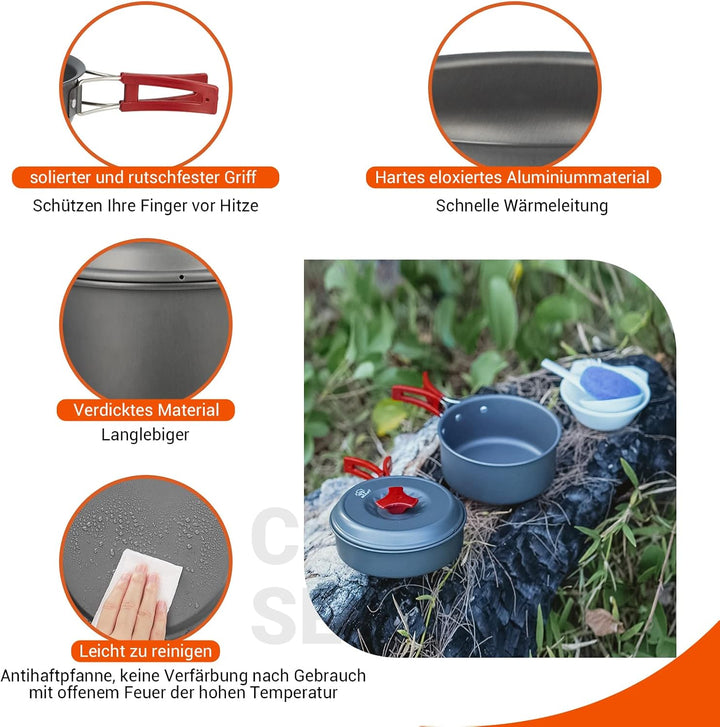 Bulin Camping Kochgeschirr Set,Outdoor Geschirr Set Aluminium,Camping Töpfe und Pfannen für 1-2 Pers