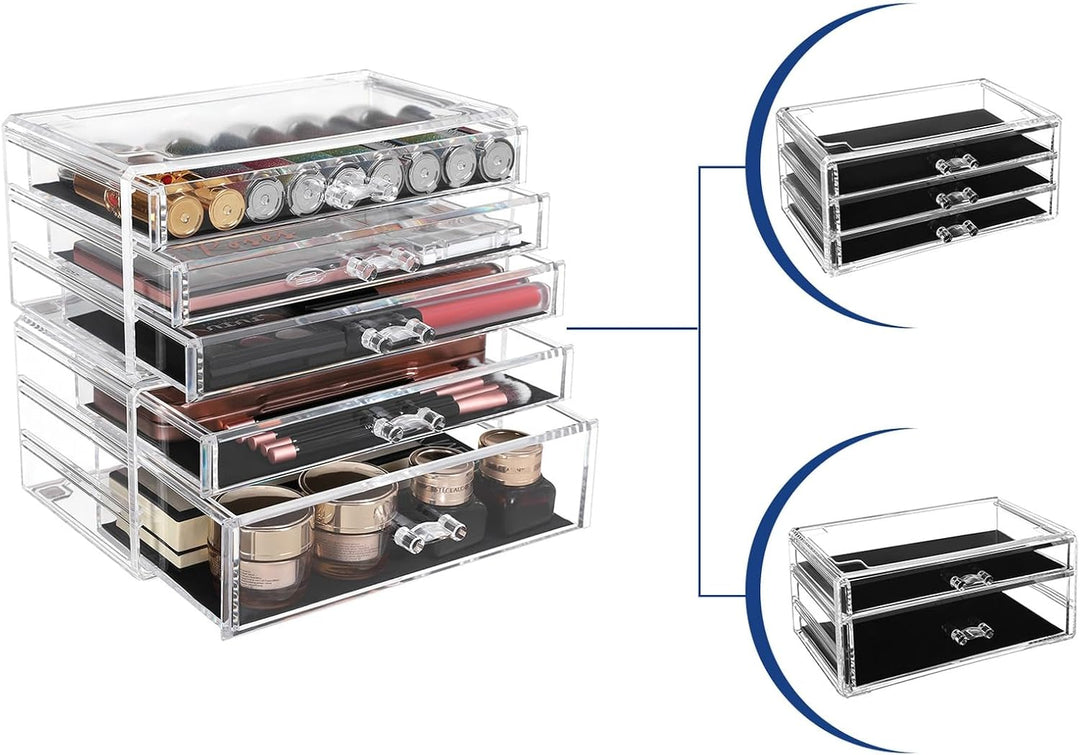 SONGMICS Make-up Organizer, 2 stapelbare Aufbewahrungsboxen für Schmuck und Kosmetik, mit 5 Schublad