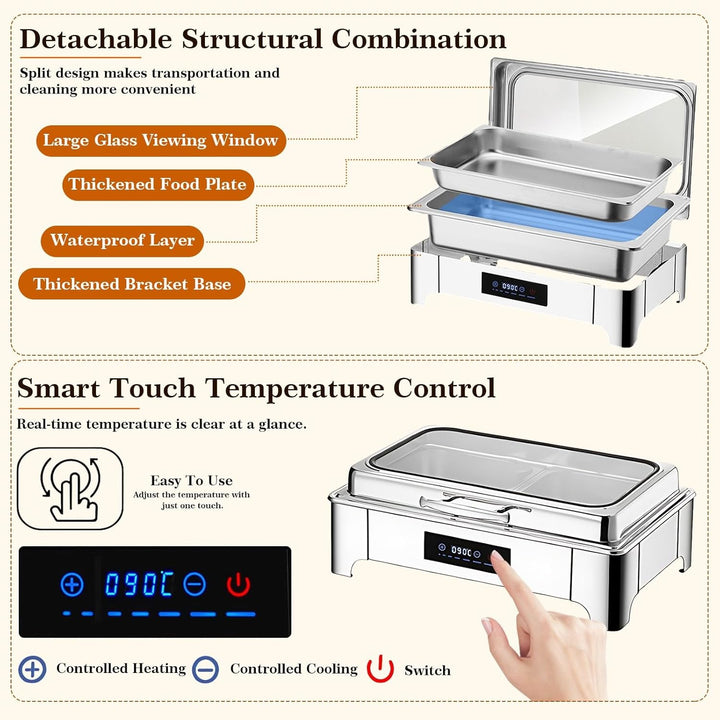 Chafing Dish Elektrisch, 9L Edelstahl Speisewärmer Buffetwärmer Einstellbare Temperatur, Warmhaltebe