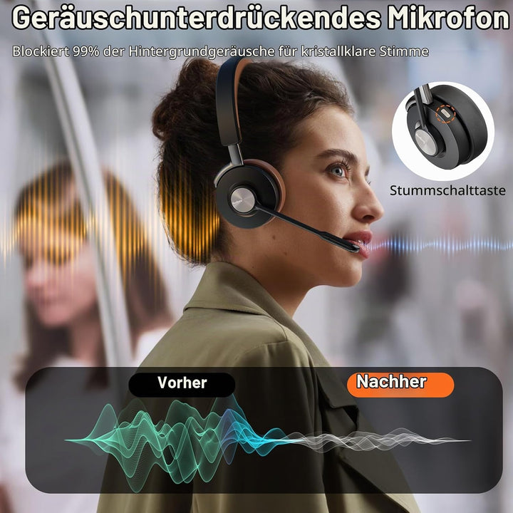 Headset mit Mikrophone Kabelloses, Bluetooth Headset für PC Laptop, 32h Gesprächszeit, USB A Dongle