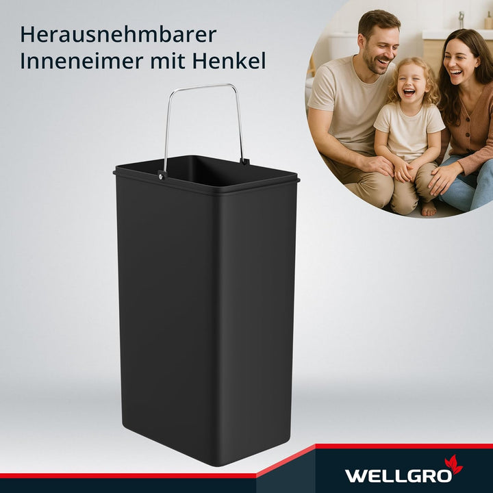 WELLGRO Treteimer, Mülleimer, Edelstahl Tretmülleimer mit 3 x 15 Liter, klappbaren Fusspedalen, Abse