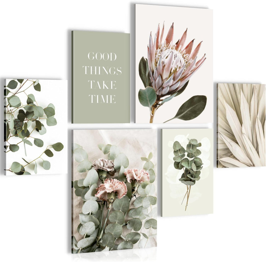 Novart Bilder Set - AUFHÄNGFERTIG - KEIN EXTRA RAHMEN BENÖTIGT - Grün Blätter Modern Boho Beige - Wo